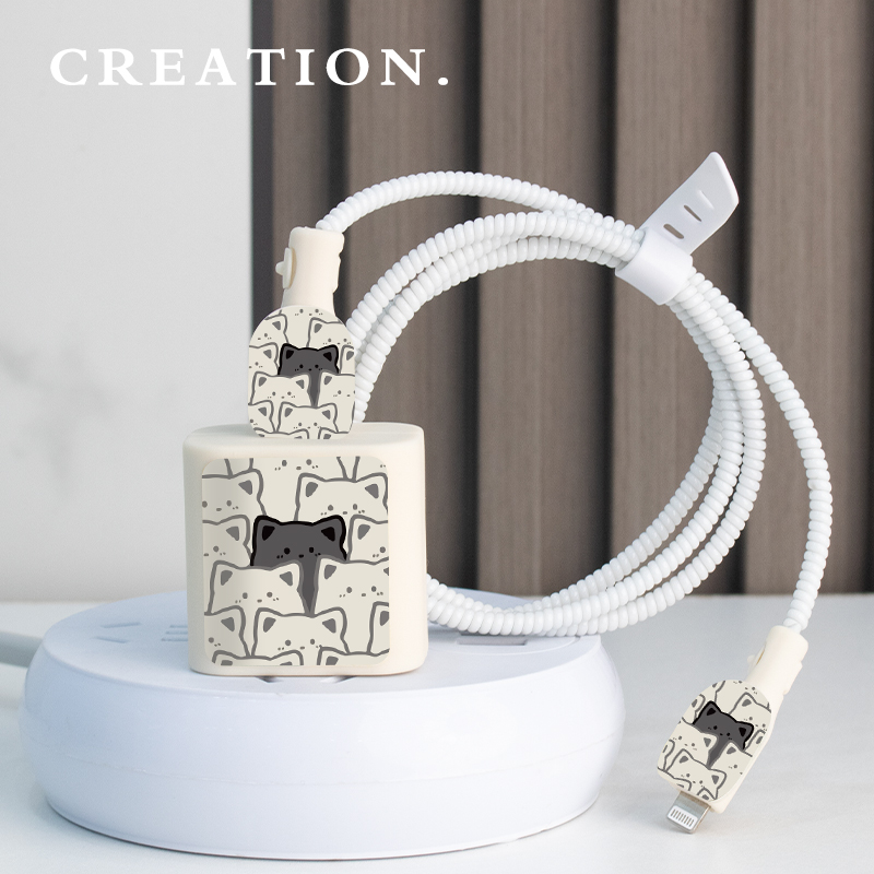 适用于苹果20w充电器保护套iPhone14/13ProMX充电器保护壳充电器印花保护绳防折断卡通12硅胶印花款一群猫咪 - 图3