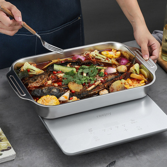 Stainless steel grilled fish plate rectangular household shallow plate commercial tray baking pan induction cooker special grilled fish oven non-stick plate