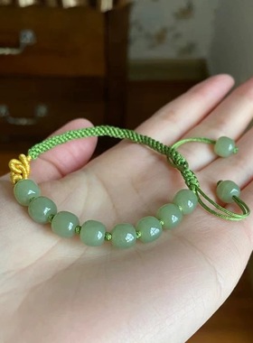 和田玉晴水料8/7mm老型珠单圈编织手链可调节 送手链盒