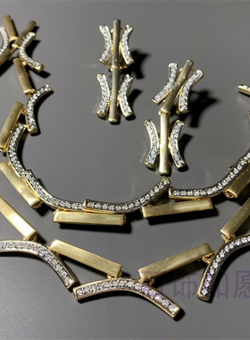 拉丝金镶钻耳钉项链中古套装