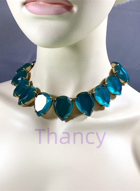 复古金JCR孔蓝绿色大水滴项链