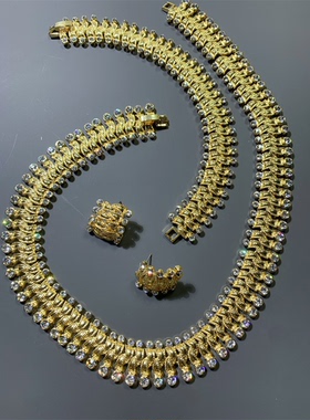 Vintage中古金色莱茵石镶嵌夸张