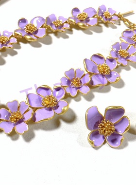 奥斯卡打标紫色花朵耳钉项链套装