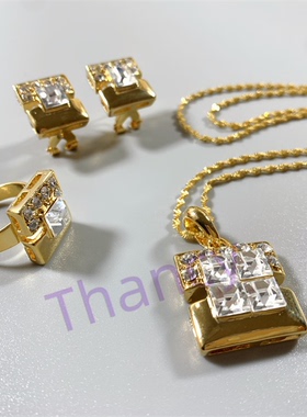 方块耳扣项链戒指套装