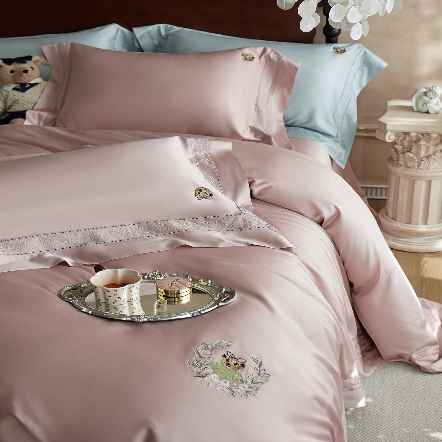 TW高端法式天丝棉粉色结婚四件套1.8m被套罩卧室丝滑套件新婚礼物,淘宝优惠券,粉丝福利购,淘宝优惠卷