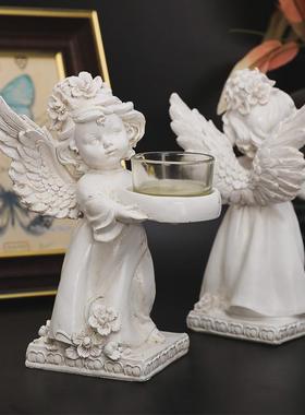 新款直销欧式站姿复古做旧翅膀天使手托烛台聚会餐厅客厅浪漫气氛