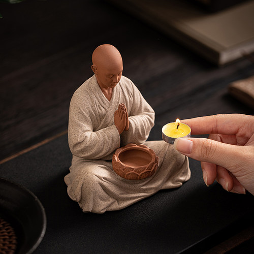 新中式烛台摆件小和尚酥油灯紫砂创意线香插家居客厅玄关香薰装饰 - 图2