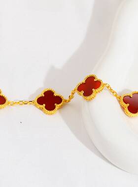 2026新款金包银红色四叶草手链女轻奢百搭红玛瑙石手饰百搭款链条