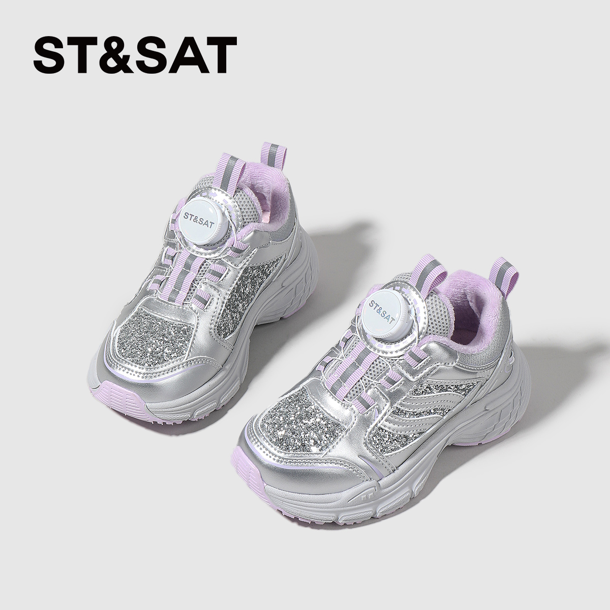 星期六女童运动鞋秋冬旋纽扣加厚软底加绒运动老爹鞋保暖女童鞋子 - 图0