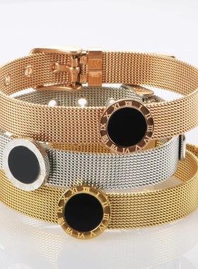 Watchband Adjustable Mesh Bracelets Black Round Roman Numera