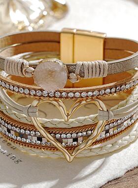 Leather bracelet 6-piece set希音爆款PU心形装饰皮手链6件套