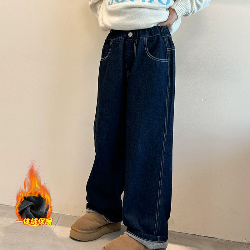 女童春秋冬季加绒牛仔裤中大童新款一体加绒童装修身加厚阔腿裤潮 - 图0