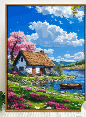 丙烯宫崎骏风景数字油画治愈油画