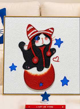 奶牛猫卡通石英砂立体肌理画DIY
