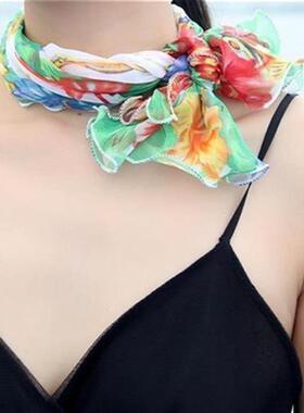 小领巾女士春秋冬季薄款银行职业小方巾冬天木耳边雪纺小丝巾纱巾