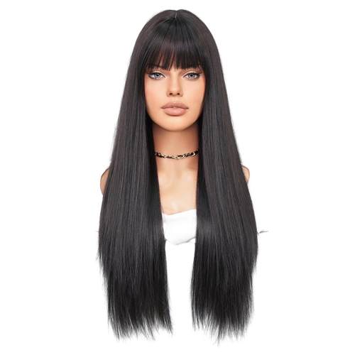 金华假发工厂定制假发长直发齐刘海高品质高丝化纤直发全头套 - 图3