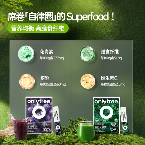 【早C晚A】onlytree羽衣甘蓝膳食纤维巴西莓粉花青素冲泡饮代餐粉 - 图2