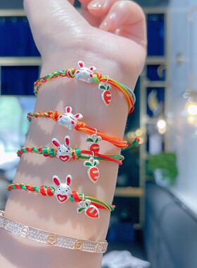 3D硬足银米菲兔手绳纯银卡通编织珐琅彩红手串手链创意本命年礼物