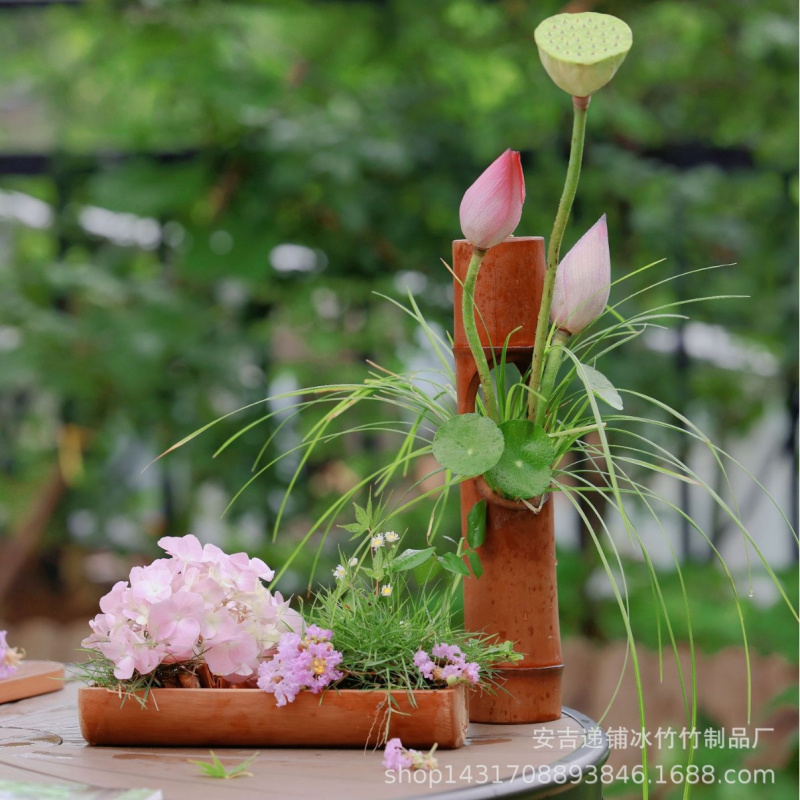 日式干花竹筒花瓶茶道竹制复古花器禅意桌面插花摆件简约小型花盆 - 图0