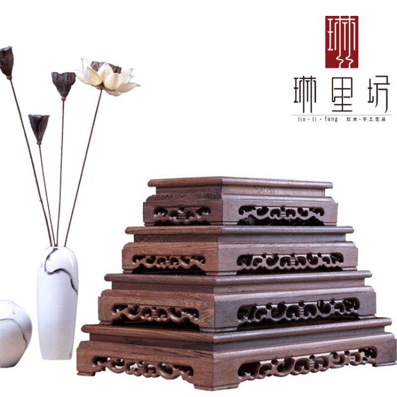 鸡翅木摆件底座家居雕刻实木工艺品托架长方形奇石头花盆佛像底座 - 图3