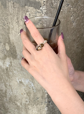 724STF高级感天然石串珠戒指重工韩系时髦ins风指环开口戒虎眼石