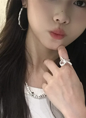 724STF韩国博主同款重工实心蝴蝶结戒指925银小众设计感复古开口