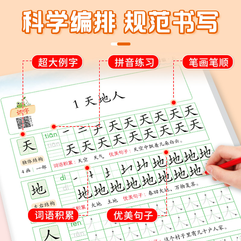 一年级二年级练字帖小学生专用上册下册人教版课本同步点阵控笔训练字帖每日一练儿童练字笔画笔顺练字本生字拼音词语描红本练习册,淘宝优惠券,粉丝福利购,淘宝优惠卷