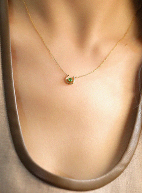 U型绿锆石复古锁骨项链女纯银