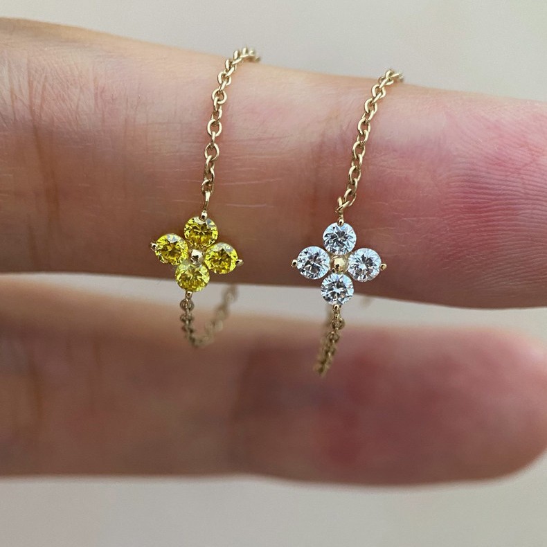 Sterling silver 14K gold plated bright diamond four-leaf clover ring for women