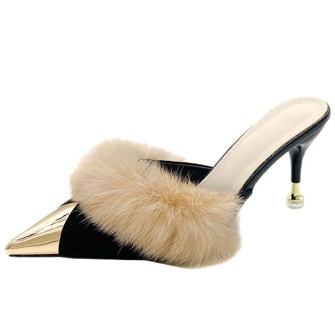 35-45码 大码毛毛拖鞋44外穿高跟包头半拖43尖头懒人试衣间女鞋42,淘宝优惠券,粉丝福利购,淘宝优惠卷