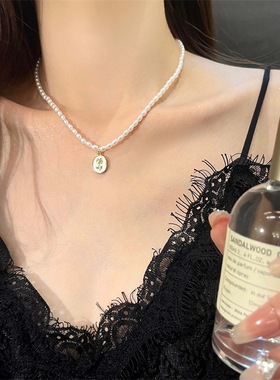 仿珍珠锆石女玫瑰花项链法式复古