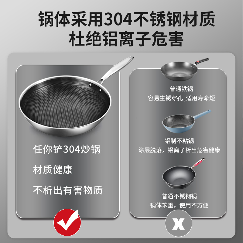 中康不锈钢炒锅蜂窝304不粘锅家用炒锅电磁炉燃气灶炒菜锅平底锅