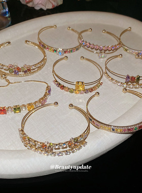 锆石花朵网格几何开口手镯欧美精