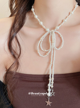 蝴蝶结珍珠串珠项链法式复古简约