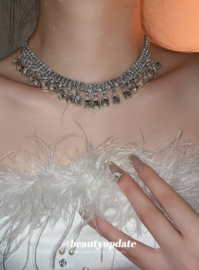 欧美夸张方形镶钻流苏项链时尚轻