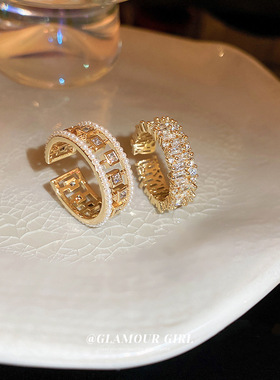 珍珠镂空方形锆石开口戒指欧美金