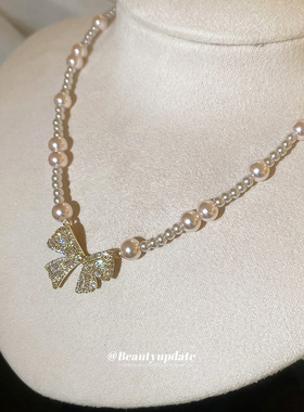 法式气质锆石蝴蝶结珍珠项链复古