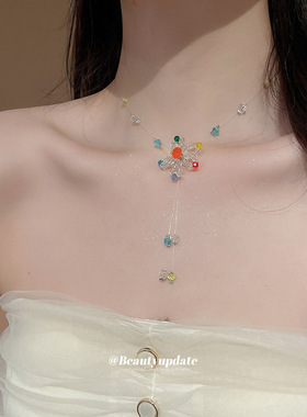 花朵玻璃水晶吊坠项链新款多巴胺