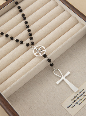 复古十字架吊坠黑珠项链甜酷风高