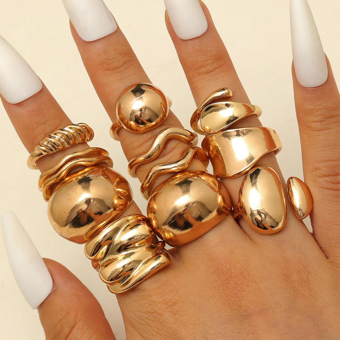 European and American personality niche design exaggerated lava lines irregular water drop glossy set ring for women