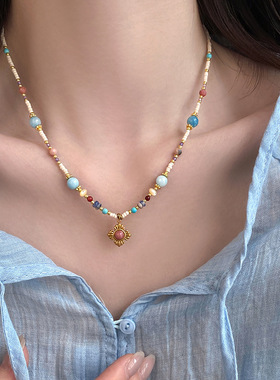 钛钢石头水晶串珠几何形吊坠锁骨