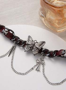 亚文化辣妹项圈甜酷金属蝴蝶皮革