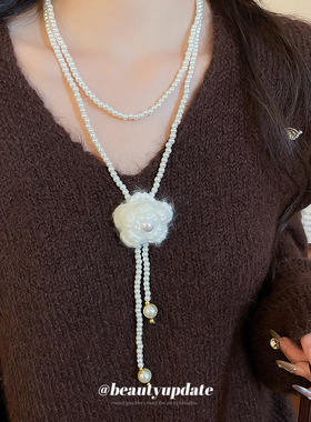 针织花珍珠串珠叠带水晶项链秋冬