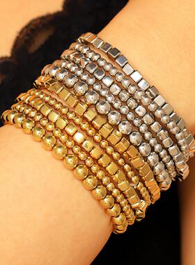 欧美bracelet叠戴法式串珠爱心吊坠手链女简约仿珍珠弹力手饰