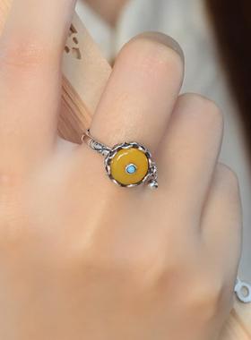 可转动祈福轮戒指女复古做旧莲花