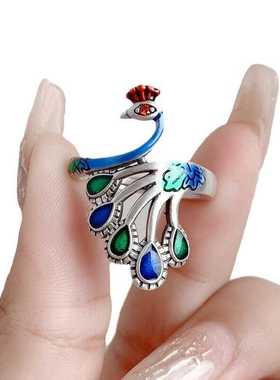 时尚925银复古国风珐琅孔雀开口
