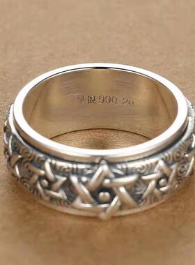 可转动S925银戒指男纯复古