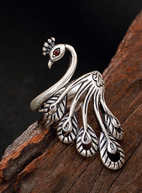 新品孔雀戒指女长款戒民族风复古