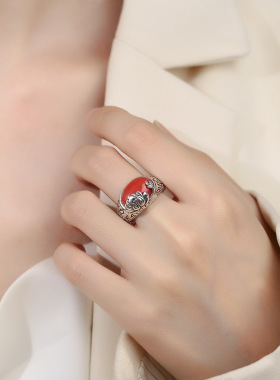 复古镀s999泰银镶嵌南红莲花戒指