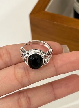 S925银复古花朵戒指女树叶